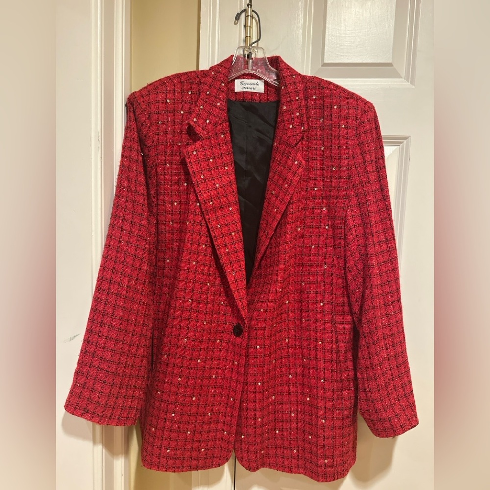 Giancarlo Ferrari Red Silk Tweed Blazer Studded Size XL USA Made